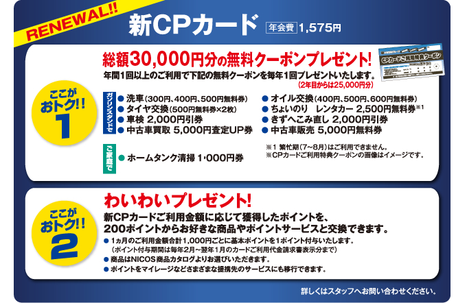新CPカード年会費1,050円　ここがおトク!!1・2,000円分の商品券をプレゼント！　ここがおトク!!2・総額30,000円分の無料クーポンプレゼント！　ここがおトク!!3・わいわいプレゼント！