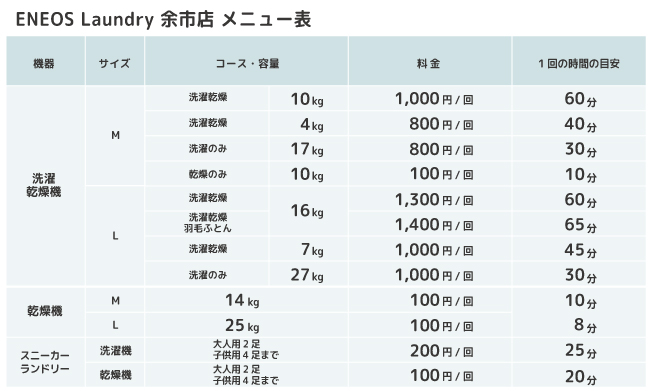 洗濯,乾燥,全自動,高温ガス乾燥,羽毛布団丸洗い,コインランドリー,ENEOSLaundry,ENEOS,余市